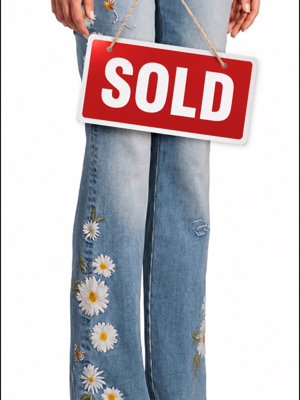 DRIFTWOOD Light Blue Daisy and Bumble Bee Embroidered Bootcut Jeans